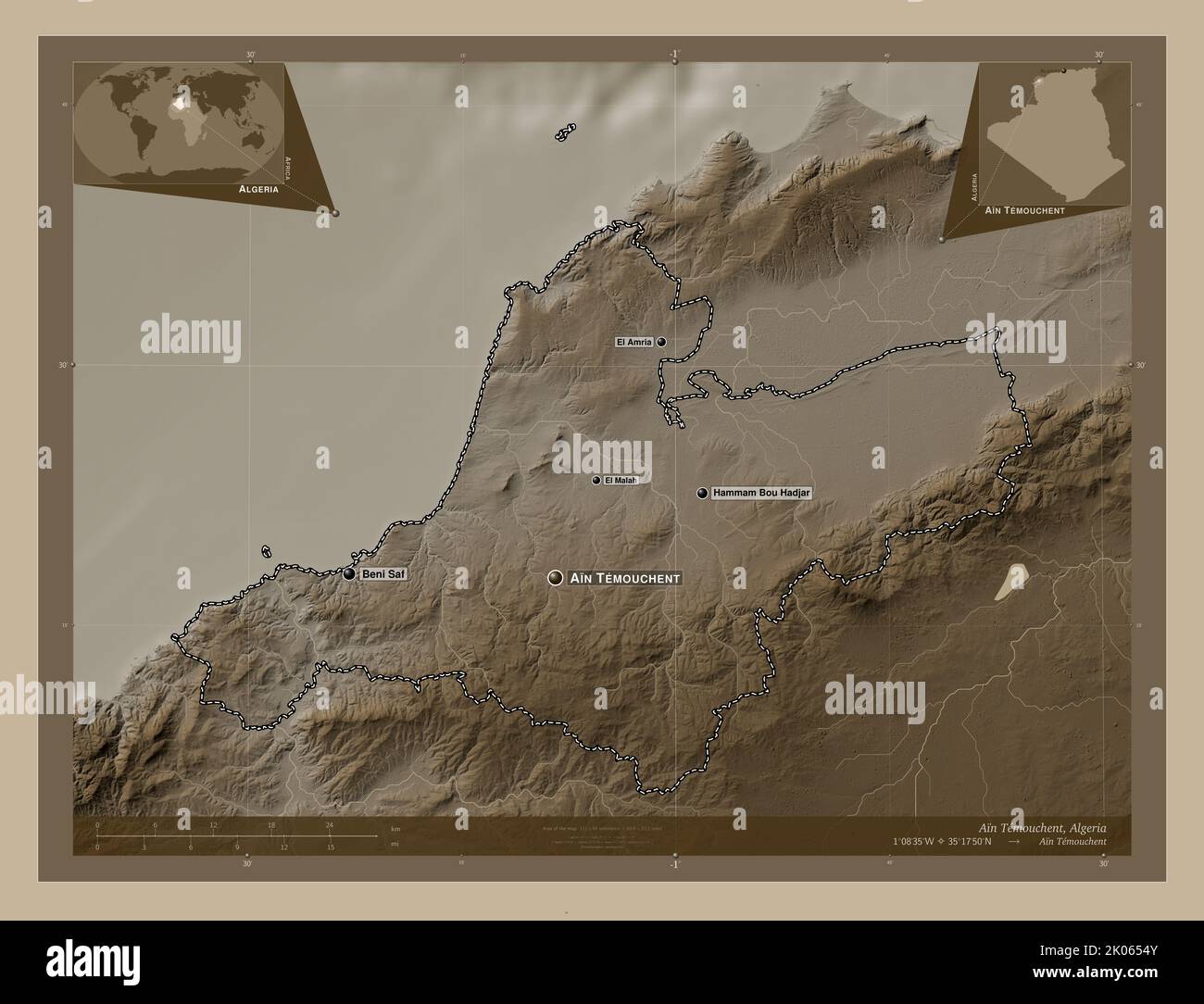 Ain Temouchent, province of Algeria. Elevation map colored in sepia ...