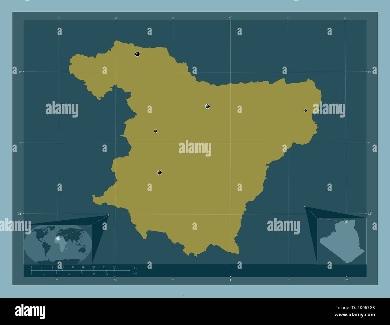 Bouira, province of Algeria. Solid color shape. Locations of major