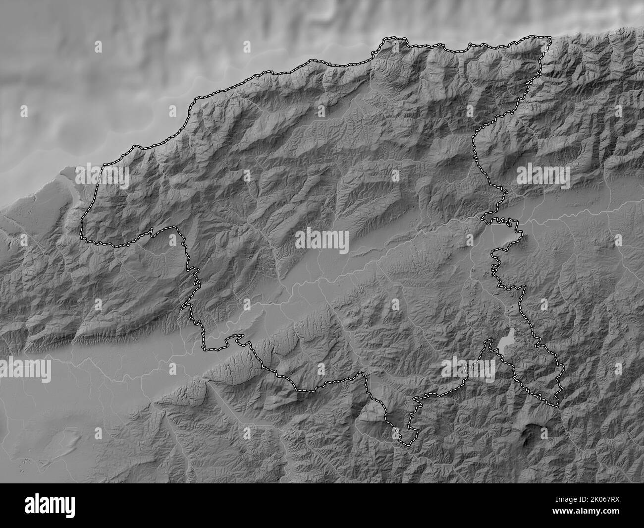 Chlef, province of Algeria. Grayscale elevation map with lakes and rivers Stock Photo