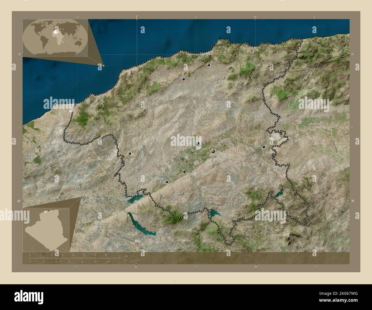 Chlef, province of Algeria. High resolution satellite map. Locations of ...