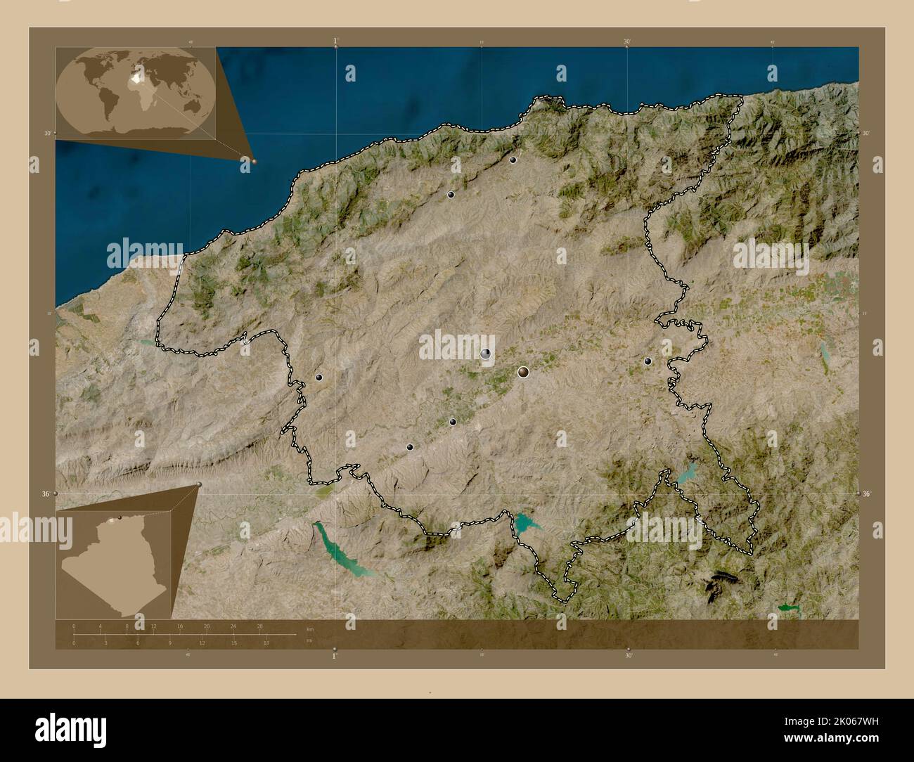 Chlef, province of Algeria. Low resolution satellite map. Locations of ...