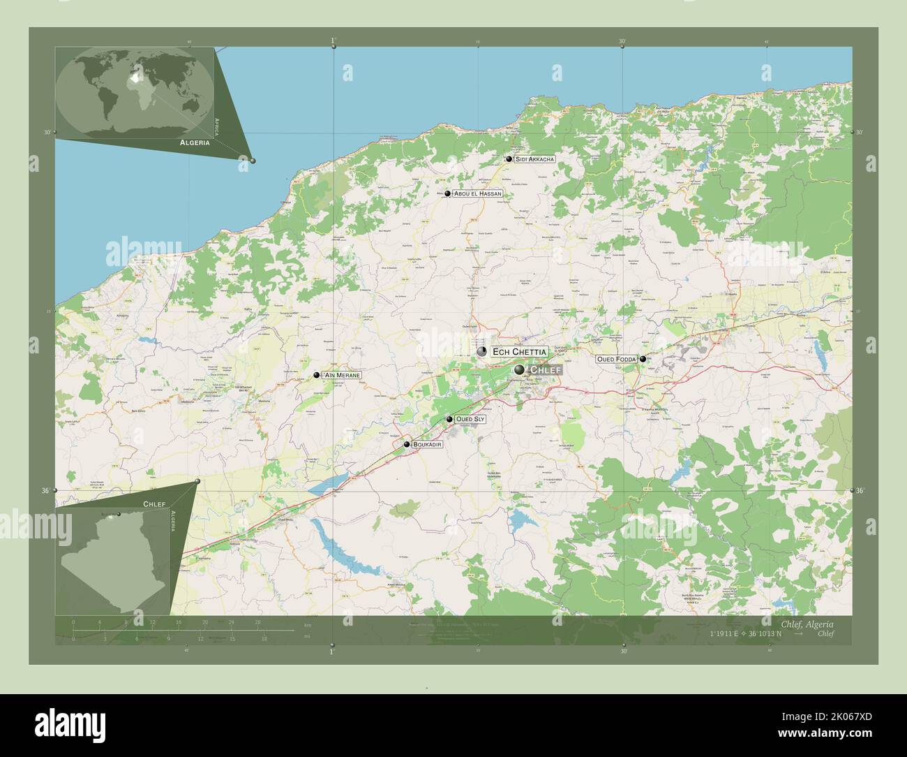 Chlef, province of Algeria. Open Street Map. Locations and names of