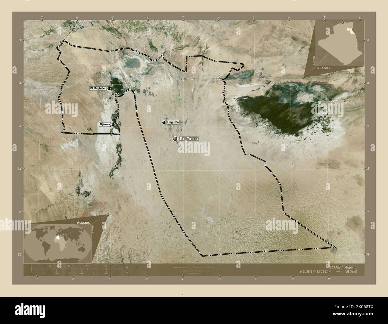 El Oued, province of Algeria. High resolution satellite map. Locations