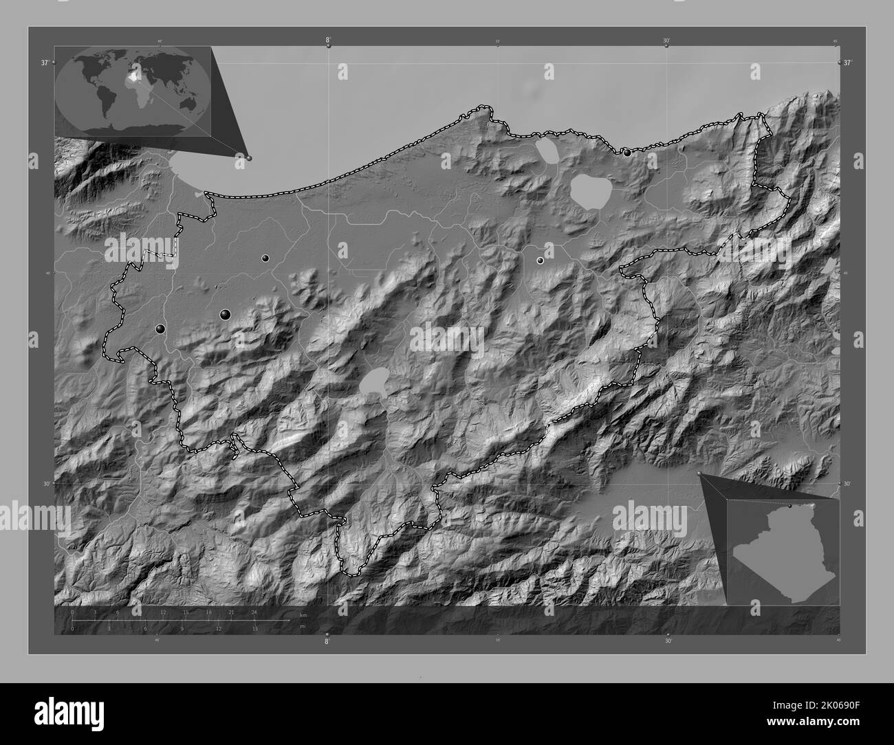 El Tarf, province of Algeria. Bilevel elevation map with lakes and