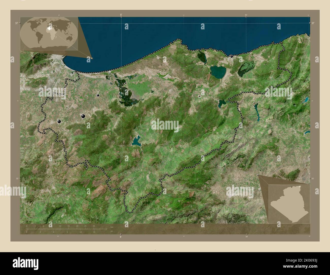 El Tarf, province of Algeria. High resolution satellite map. Locations