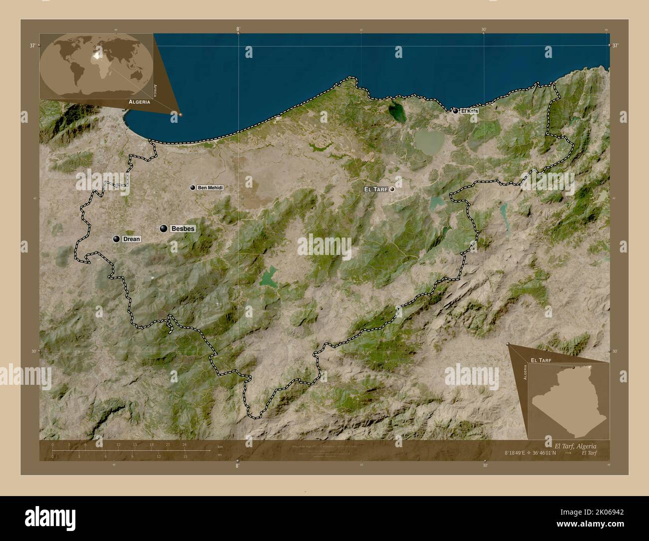 El Tarf, province of Algeria. Low resolution satellite map. Locations