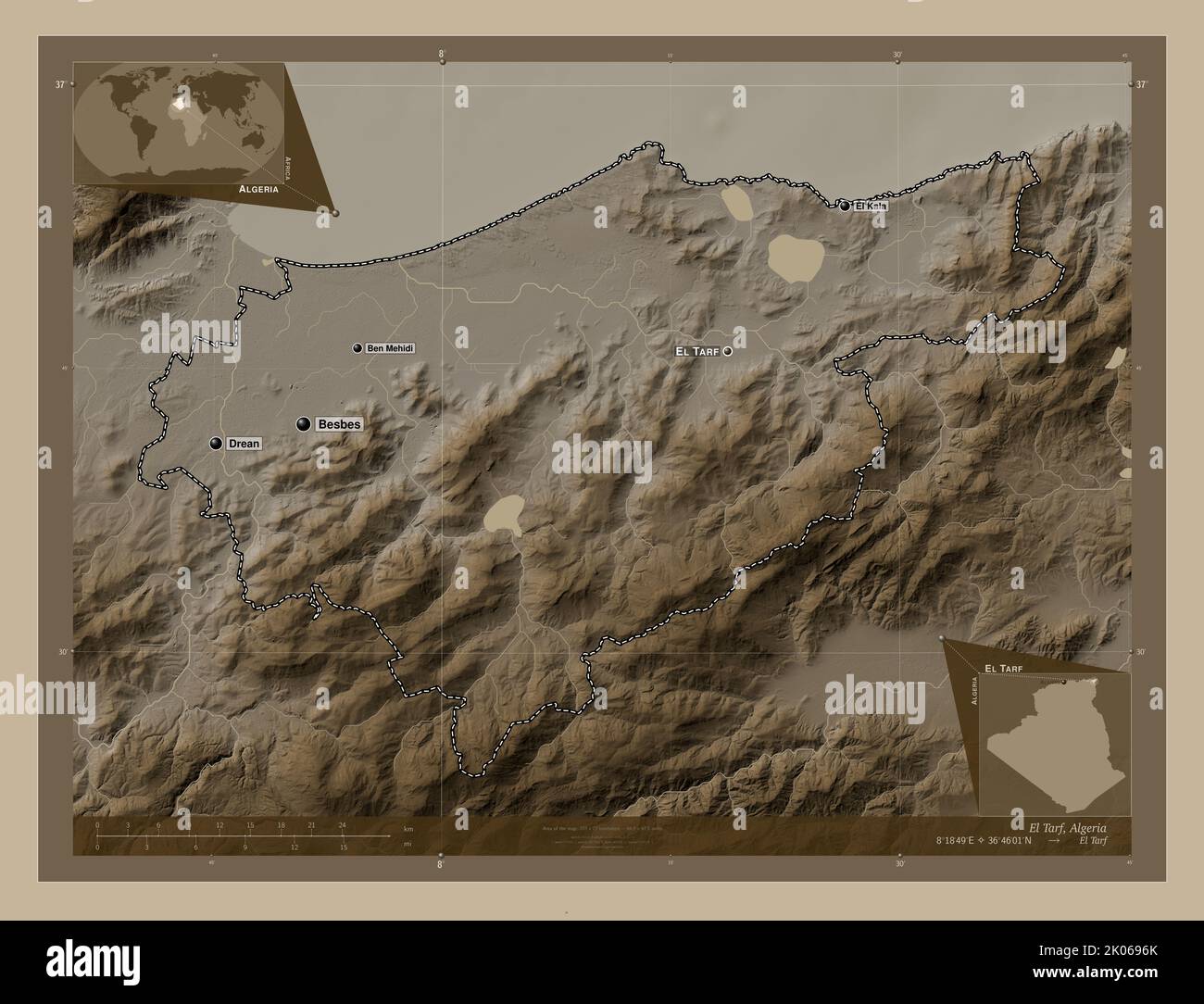 El Tarf, province of Algeria. Elevation map colored in sepia tones with