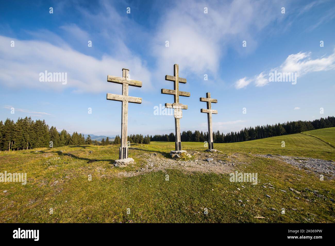Mountain crosses called Wetterkreuze at a mountain landscape in Austria Stock Photo