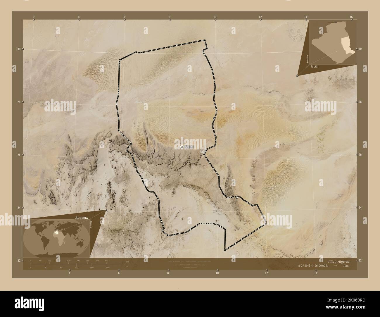 Illizi, province of Algeria. Low resolution satellite map. Locations