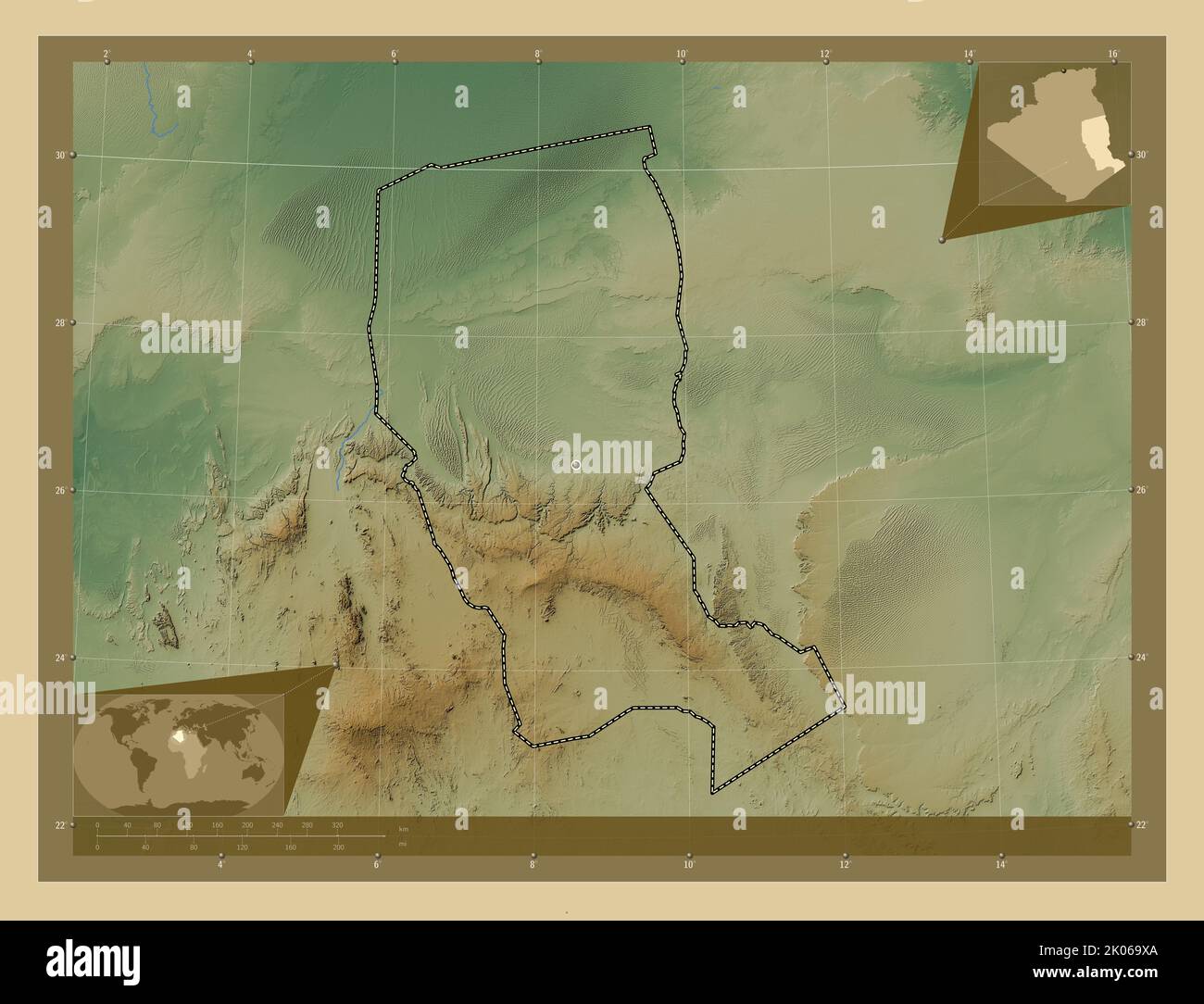 Illizi, province of Algeria. Colored elevation map with lakes and