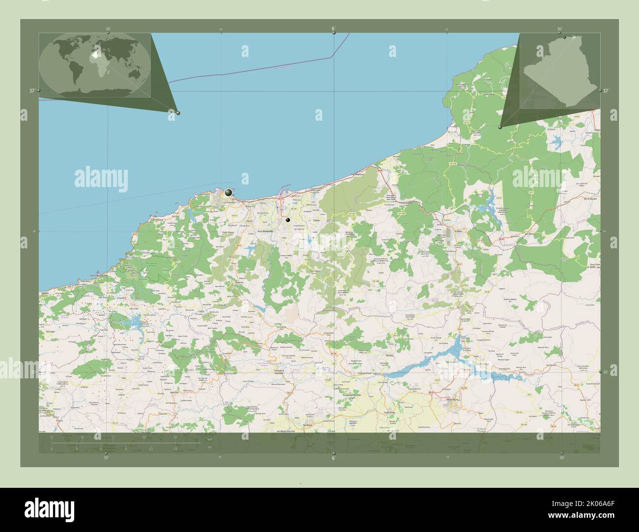 Jijel, province of Algeria. Open Street Map. Locations of major cities
