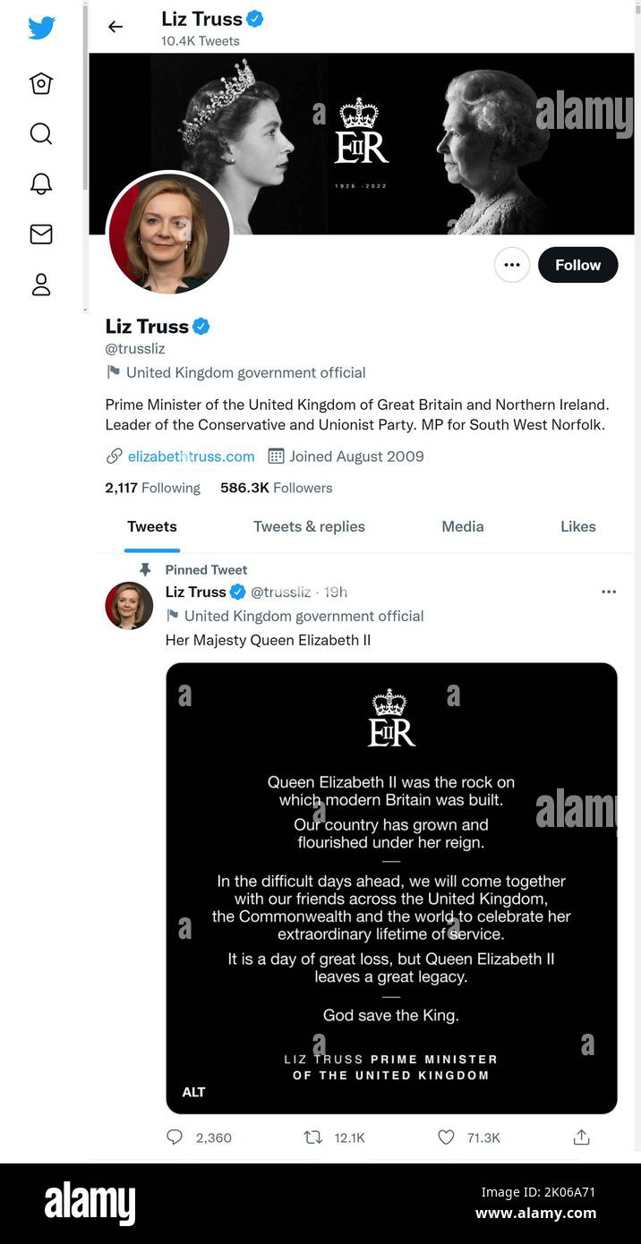 Twitter page (Sept 2022) of British Prime Minister Liz Truss, shortly after the death of Queen Elizabeth II Stock Photo