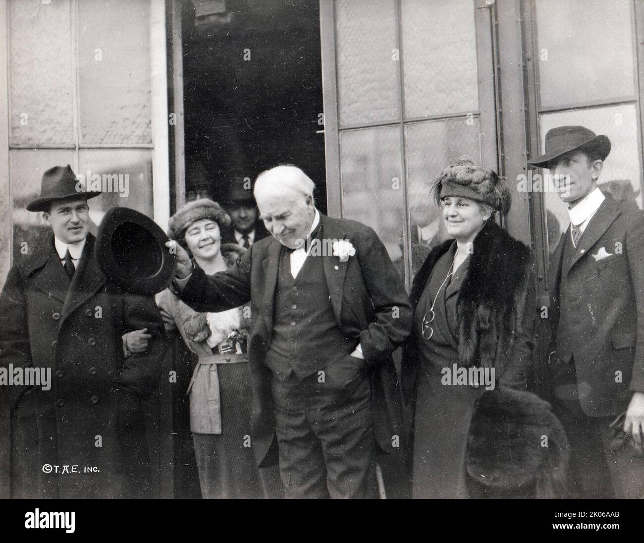 Thomas Edison in doorway of Building 5, with Charles Edison, Carolyn