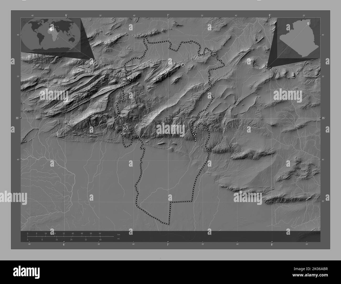 Khenchela, province of Algeria. Bilevel elevation map with lakes and ...