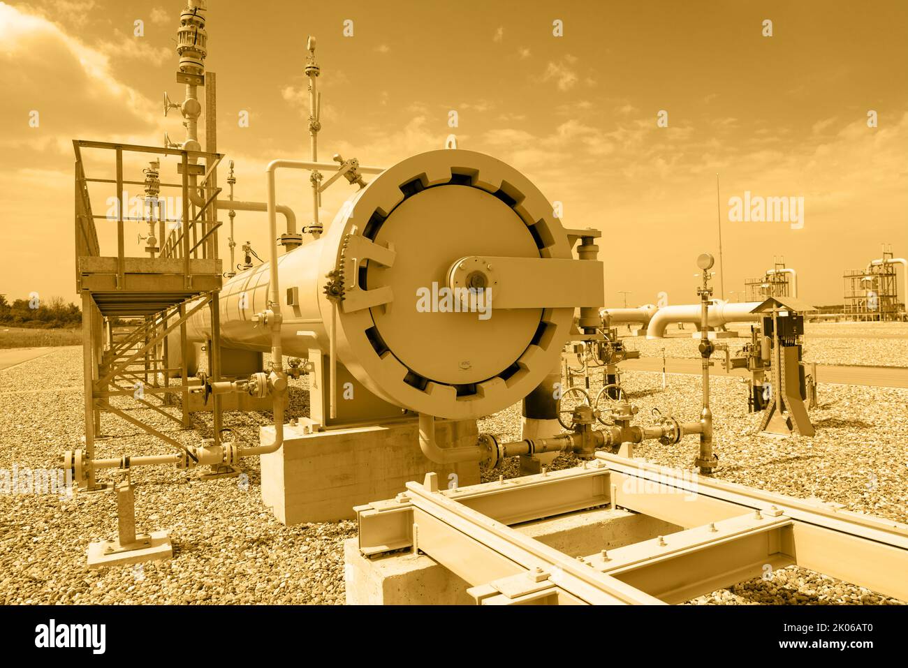 Toned image of a gas pipeline piston launch chamber frontal view of the