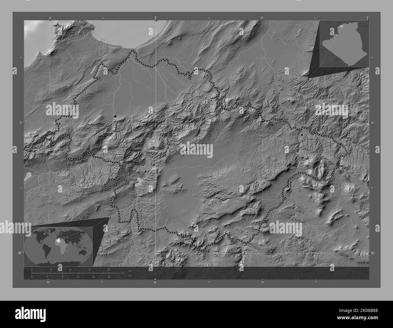 Mascara, province of Algeria. Bilevel elevation map with lakes and