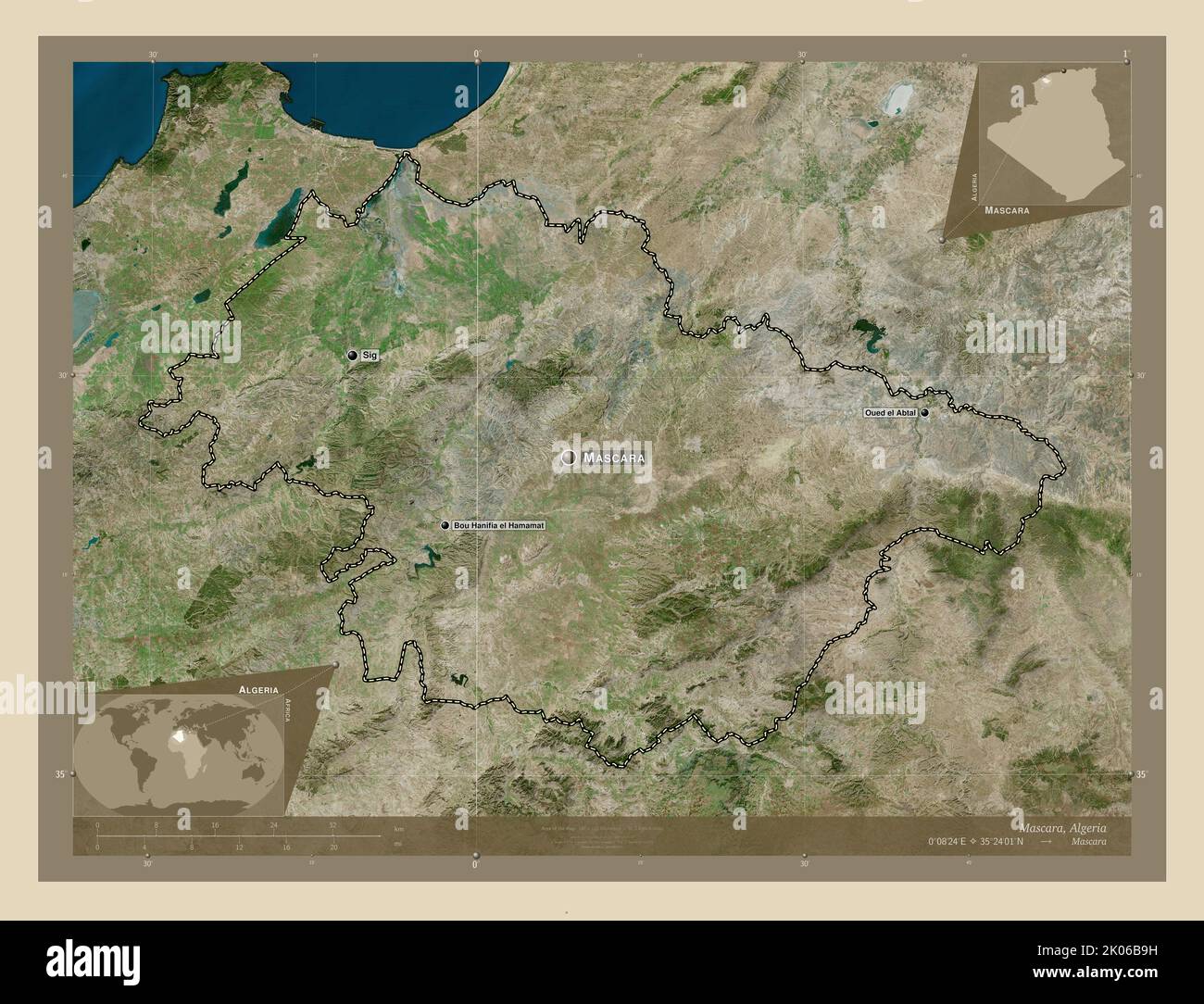 Mascara, province of Algeria. High resolution satellite map. Locations