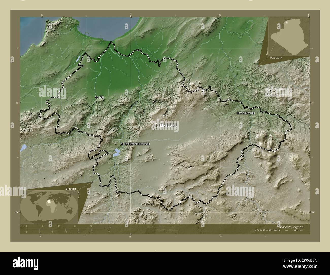 Mascara, province of Algeria. Elevation map colored in wiki style with