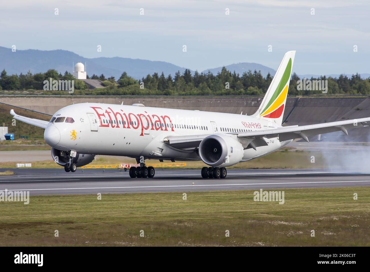 An Ethiopian Airlines Boeing 787-9 Dreamliner aircraft landing in Oslo in Norway Stock Photo