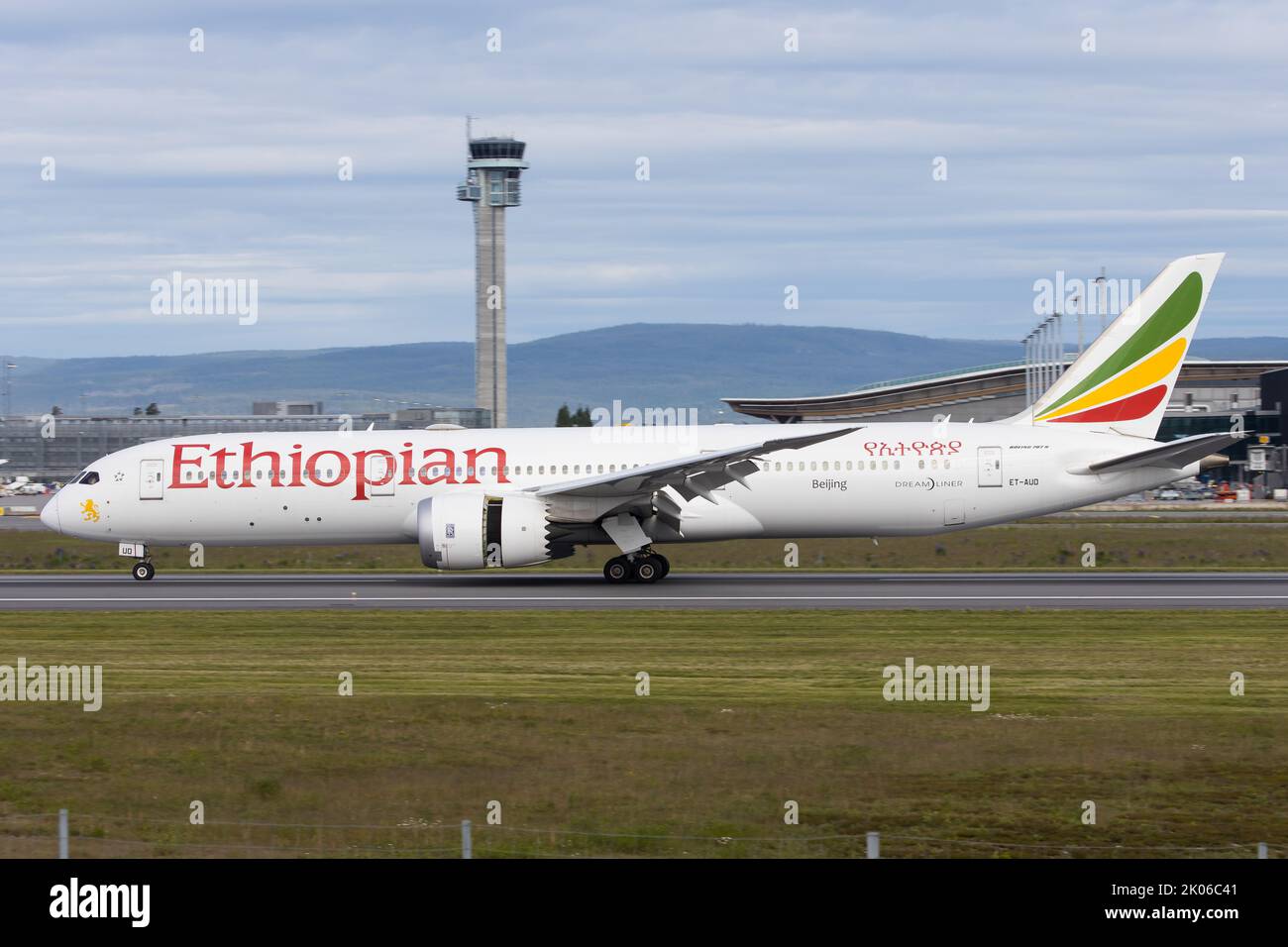 An Ethiopian Airlines Boeing 787-9 Dreamliner aircraft landing in Oslo in Norway Stock Photo