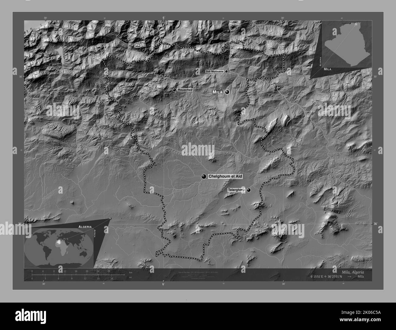Mila, province of Algeria. Bilevel elevation map with lakes and rivers. Locations and names of