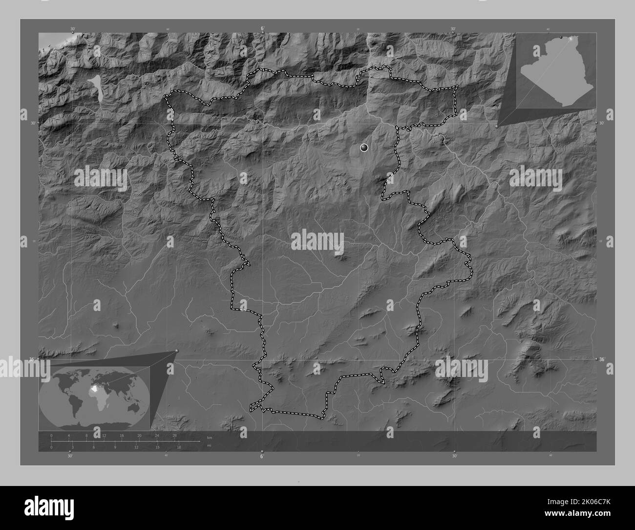 Mila, province of Algeria. Grayscale elevation map with lakes and rivers. Corner auxiliary