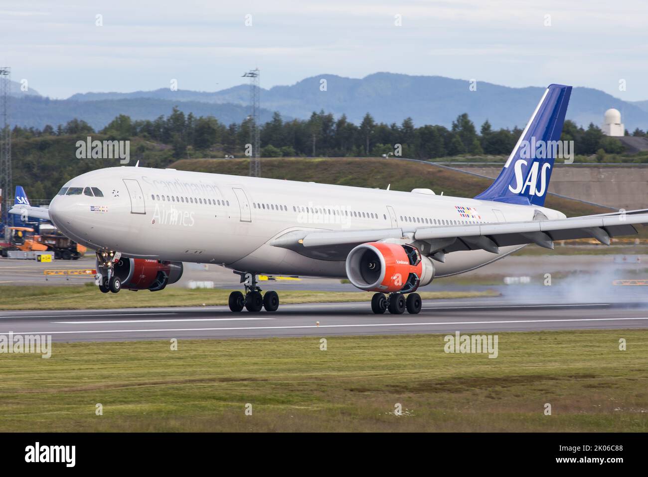 A SAS Scandinavian Airlines Airbus A330-300 arriving at Oslo Airport after a long range flight from the USA Stock Photo