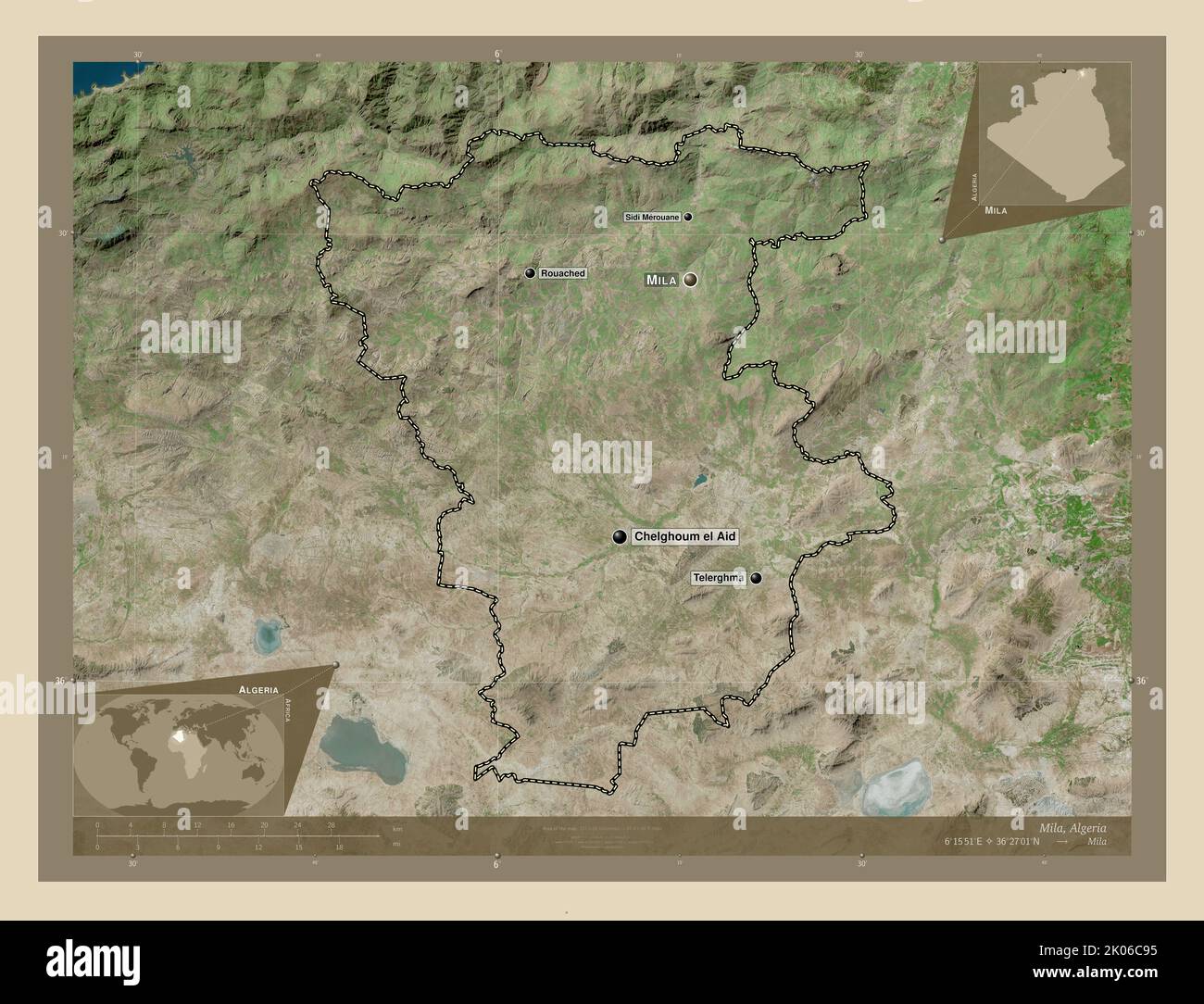Mila, province of Algeria. High resolution satellite map. Locations and names of major cities of