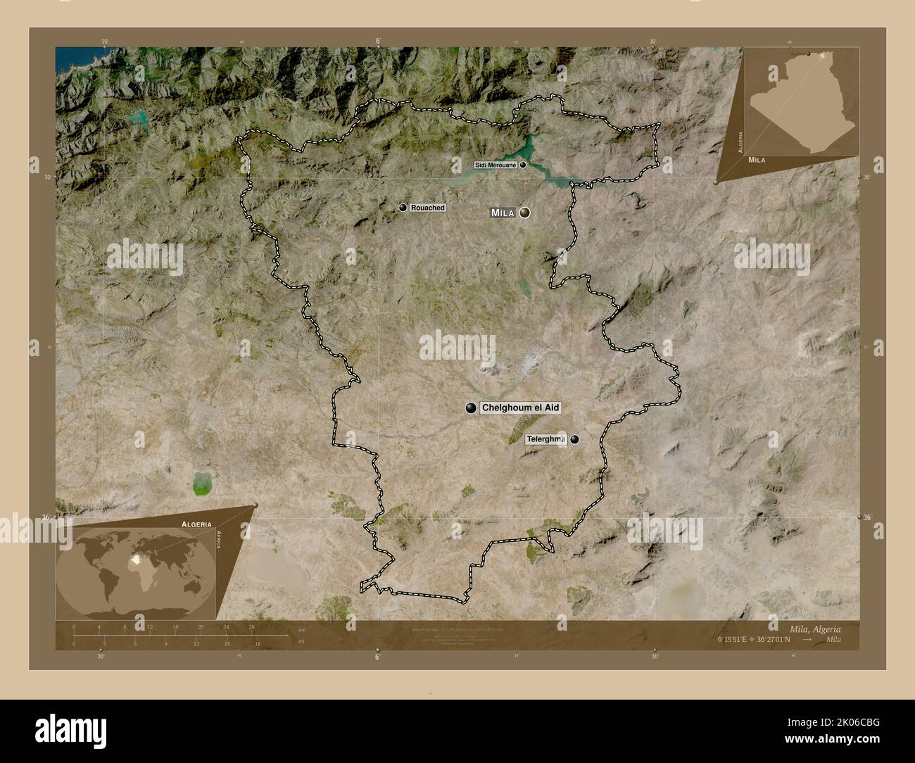 Mila, province of Algeria. Low resolution satellite map. Locations and names of major cities of