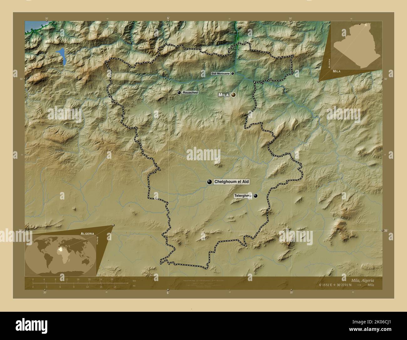 Mila, province of Algeria. Colored elevation map with lakes and rivers. Locations and names of