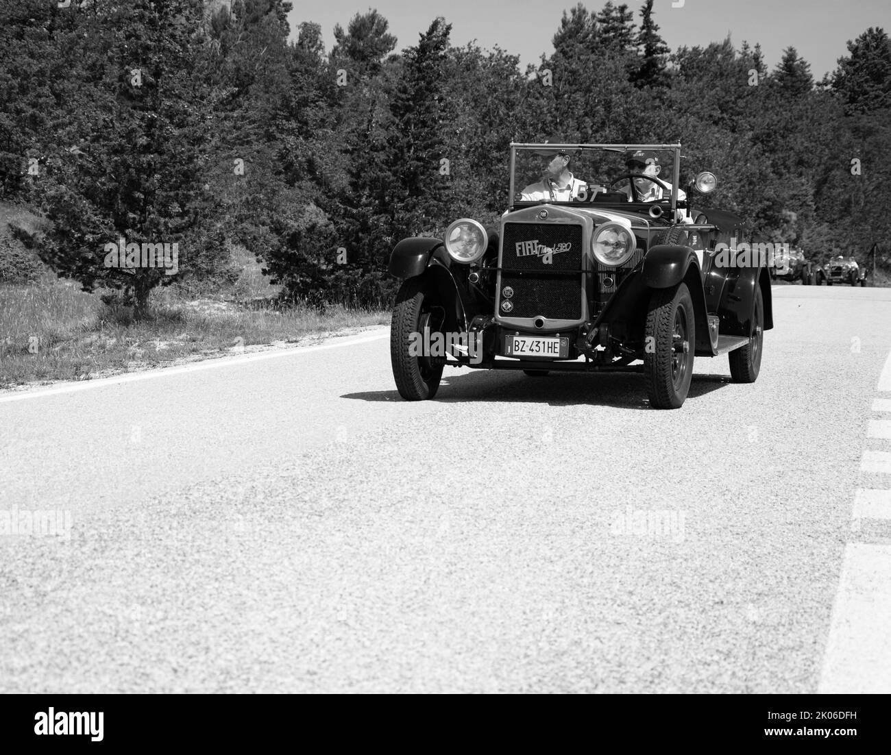 URBINO - ITALY - JUN 16 - 2022 : FIAT 520 1929 on an old racing car in rally Mille Miglia 2022 the famous italian historical race (1927-1957 Stock Photo