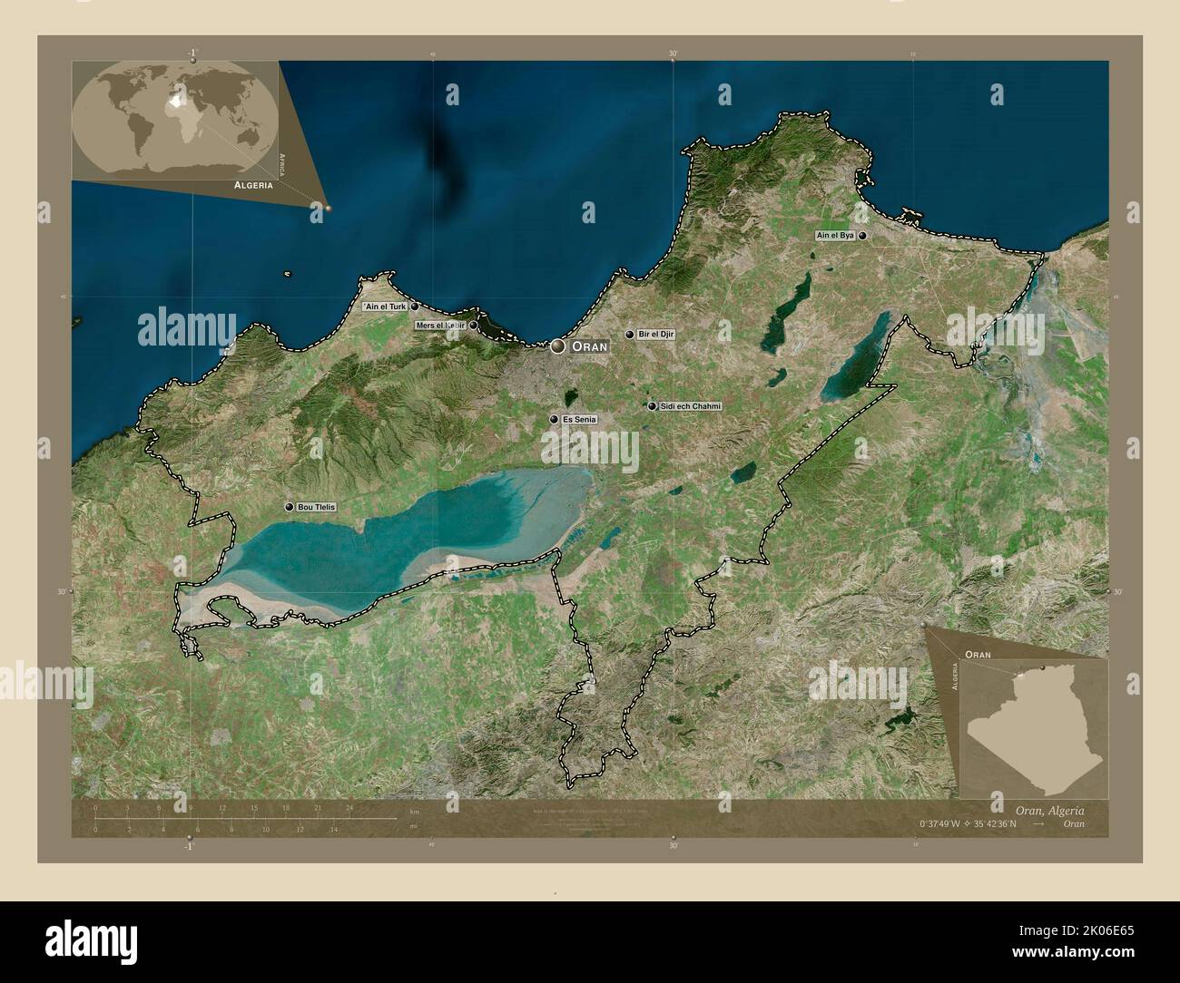 Oran, province of Algeria. High resolution satellite map. Locations and