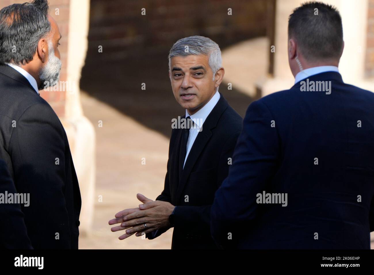 London Mayor Sadiq Khan talks to security as he arrives at St James's Palace, London, before the Accession Council ceremony, where King Charles III is formally proclaimed monarch. Charles automatically became King on the death of his mother, but the Accession Council, attended by Privy Councillors, confirms his role. Picture date: Saturday September 10, 2022. Stock Photo