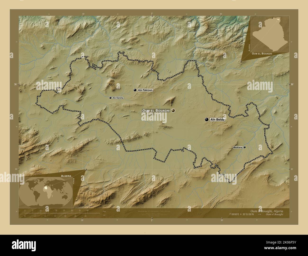 Oum el Bouaghi, province of Algeria. Colored elevation map with lakes