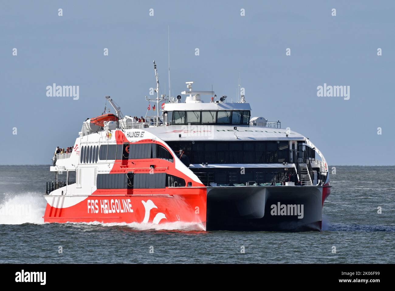 Highspeed Ferry HALUNDER JET arrives at Cuxhaven from Heligoland, showing FRS's new livery. Stock Photo