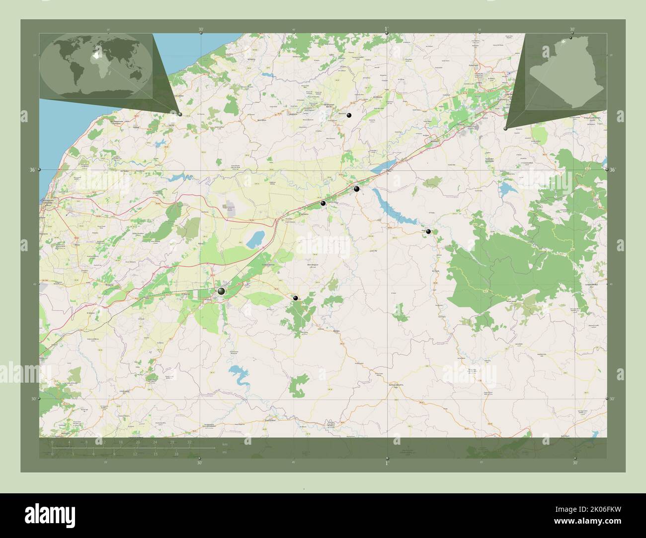 Relizane, province of Algeria. Open Street Map. Locations of major