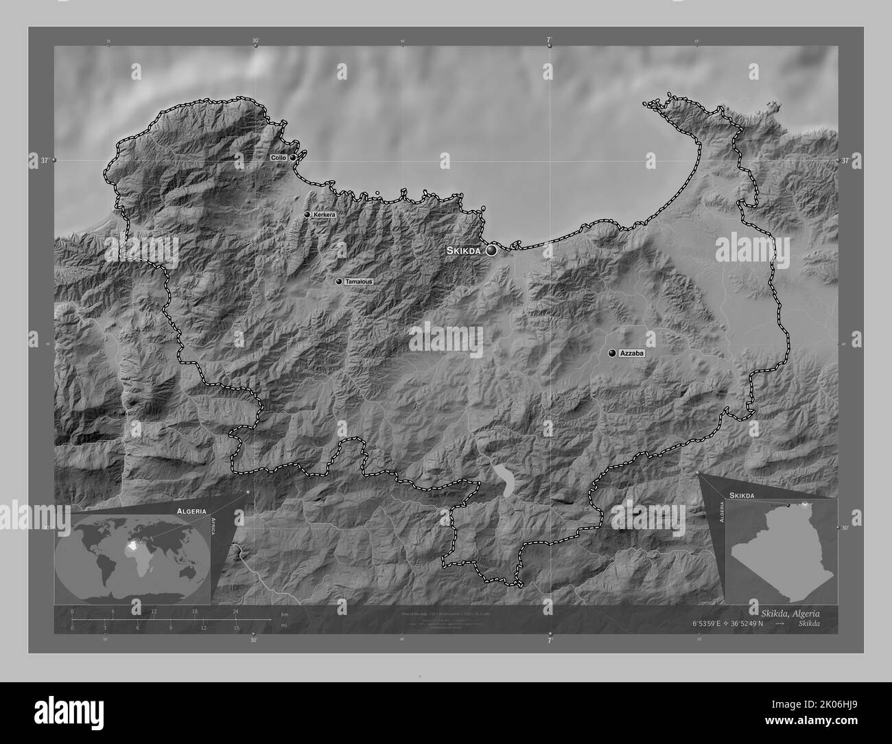 Skida Map Skikda, province of Algeria. Grayscale elevation map with lakes and ...
