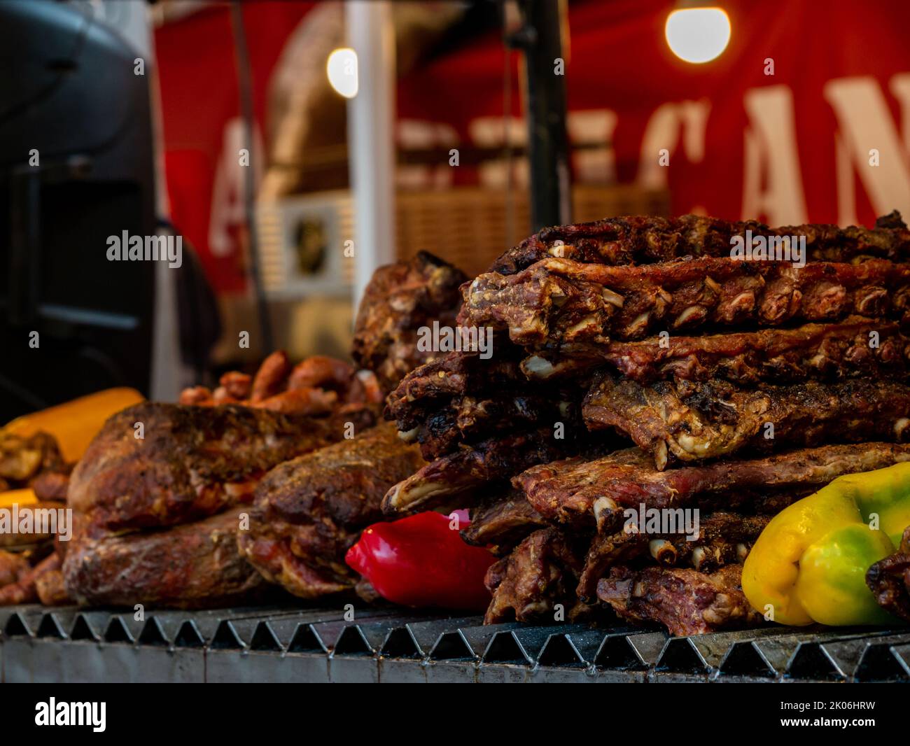 close-up shot roasted pork ribs with barbeque sauce Stock Photo