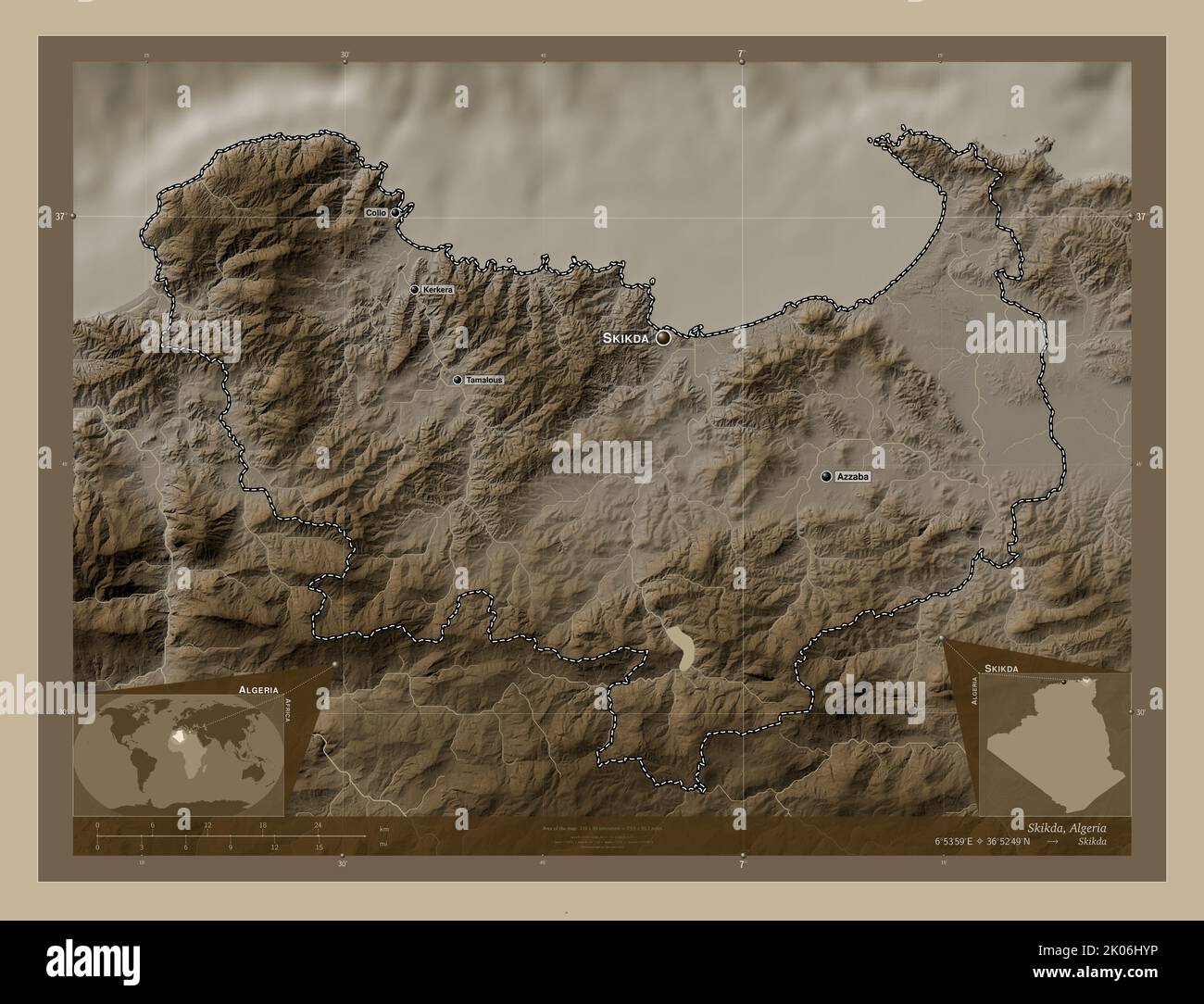 Skikda, province of Algeria. Elevation map colored in sepia tones with ...