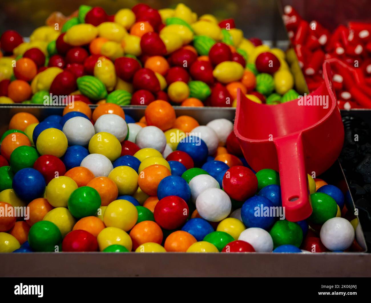 close-up shot variety of colorful candy balls of various flavor Stock Photo