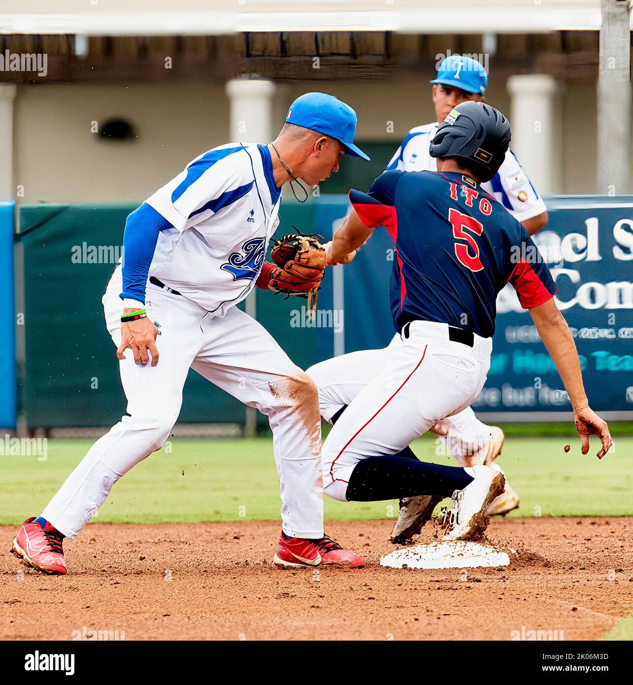 September 9, 2022, Sarasota, Florida, USA: JapanÃs KAITI ITO (5) is takes second base in his teams 6-0 win over Italy in U-18 Baseball at Ed Smith Stadium, Friday. (Credit Image: © Jerry Beard/ZUMA Press Wire) Stock Photo