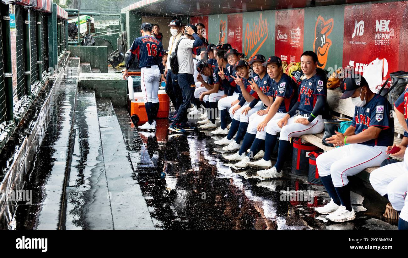 Sarasota, Florida, USA. 9th Sep, 2022. Team Japan sits in a dugout during rain delay at Ed Smith Stadium in World Cup U-18 Baseball, Friday. (Credit Image: © Jerry Beard/ZUMA Press Wire) Stock Photo