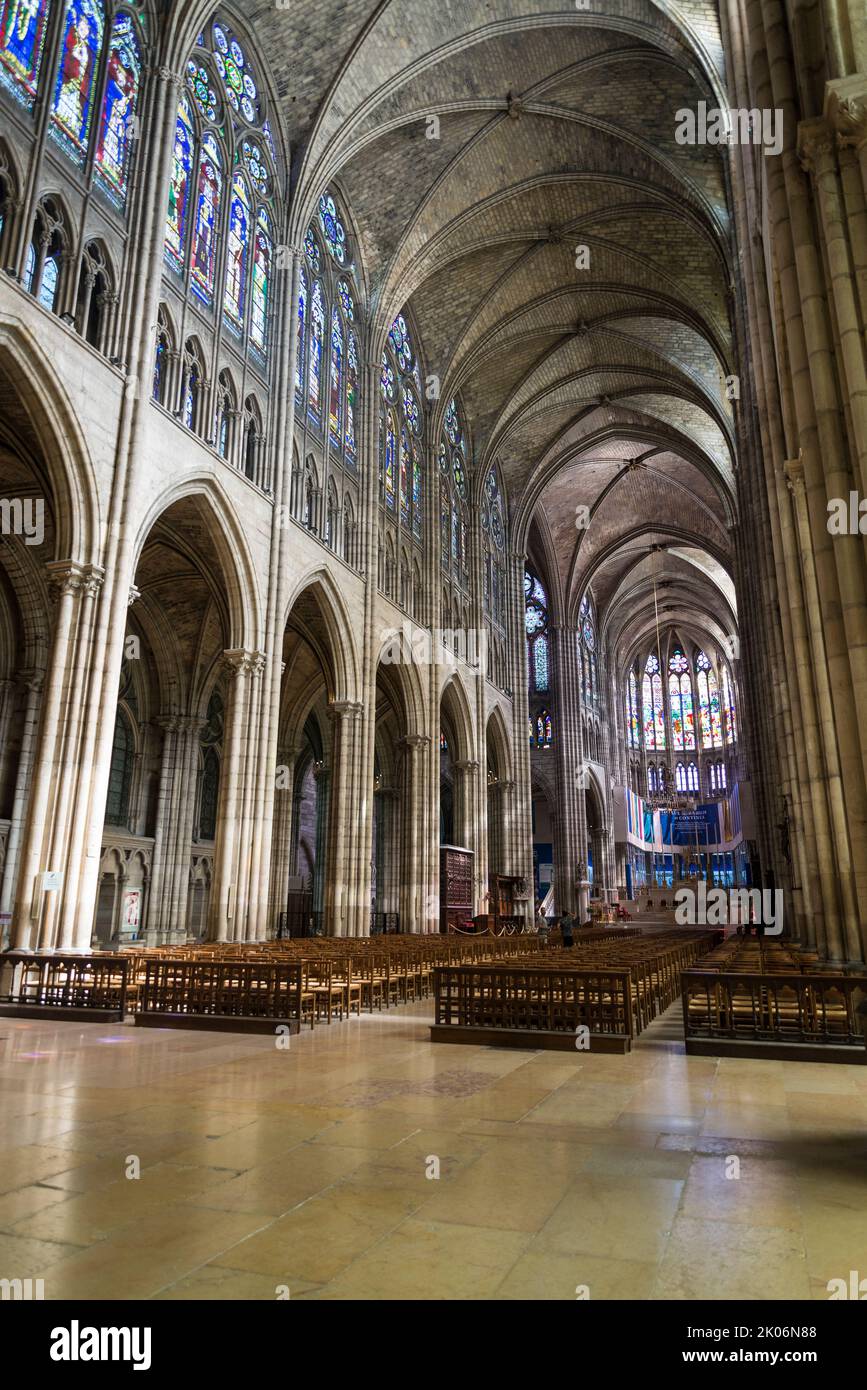 Nave of the Basilica of Saint-Denis, a cathedral of singular importance historically and architecturally as its choir, completed in 1144  employs all Stock Photo