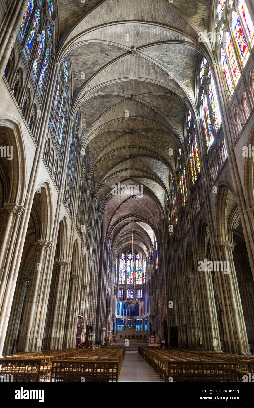 Nave of the Basilica of Saint-Denis, a cathedral of singular importance historically and architecturally as its choir, completed in 1144  employs all Stock Photo