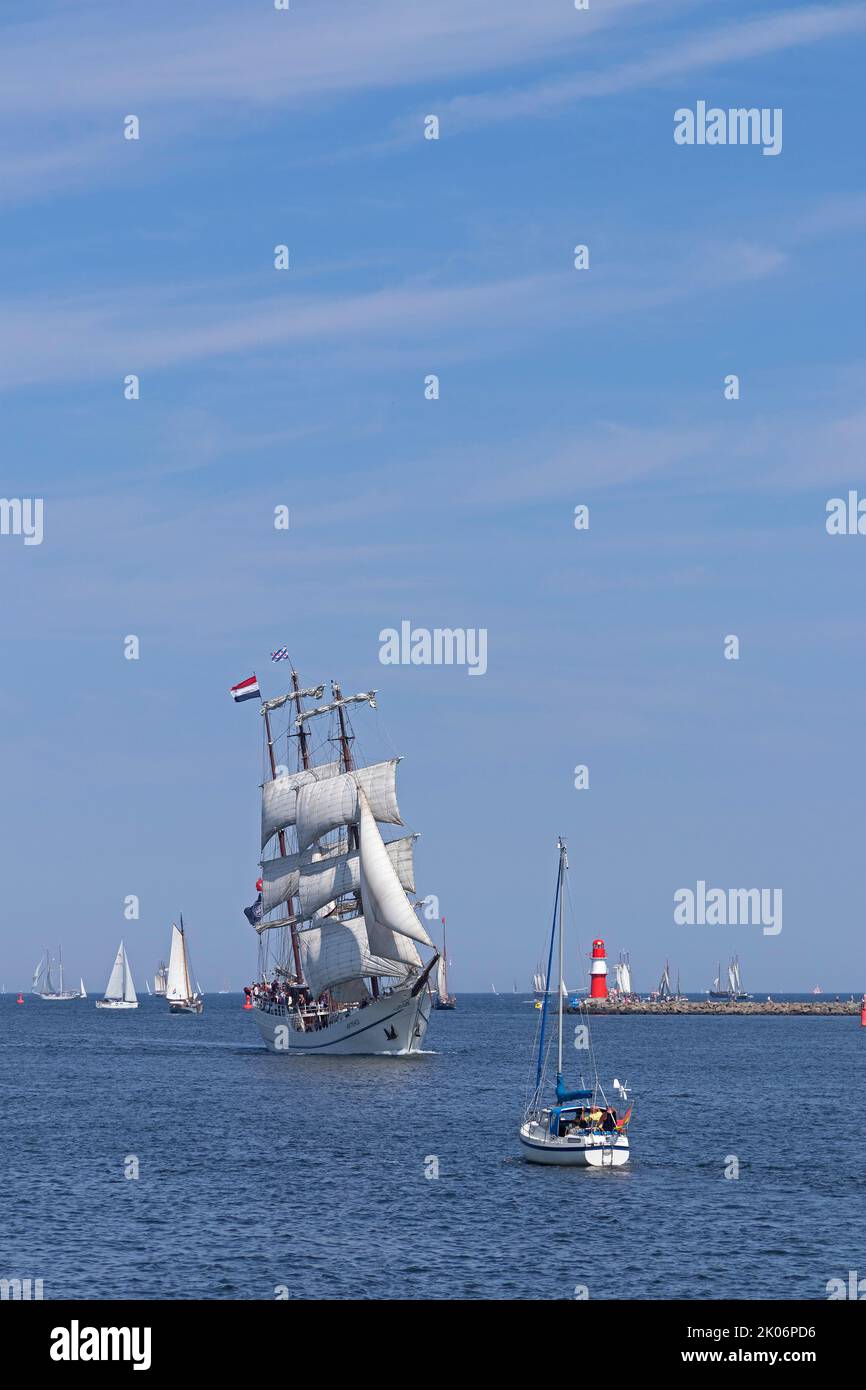 sailing ship, lighthouse, River Warnow, Hanse Sail, Warnemünde, Rostock, Mecklenburg-West Pomerania, Germany Stock Photo