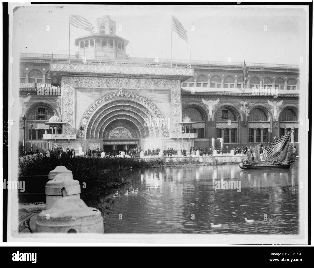Transportation exhibit building with canal boat and ducks on canal(?) in foreground at the World's Columbian Exposition, Chicago, Illinois, 1893. Stock Photo