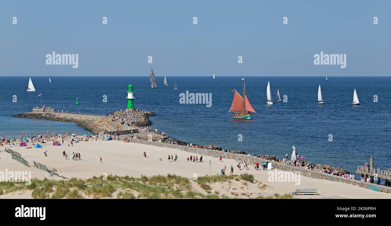 sailing ships, lighthouse, River Warnow, Hanse Sail, Warnemünde, Rostock, Mecklenburg-West Pomerania, Germany Stock Photo