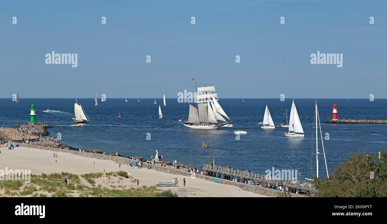 sailing ships, lighthouses, River Warnow, Hanse Sail, Warnemünde, Rostock, Mecklenburg-West Pomerania, Germany Stock Photo