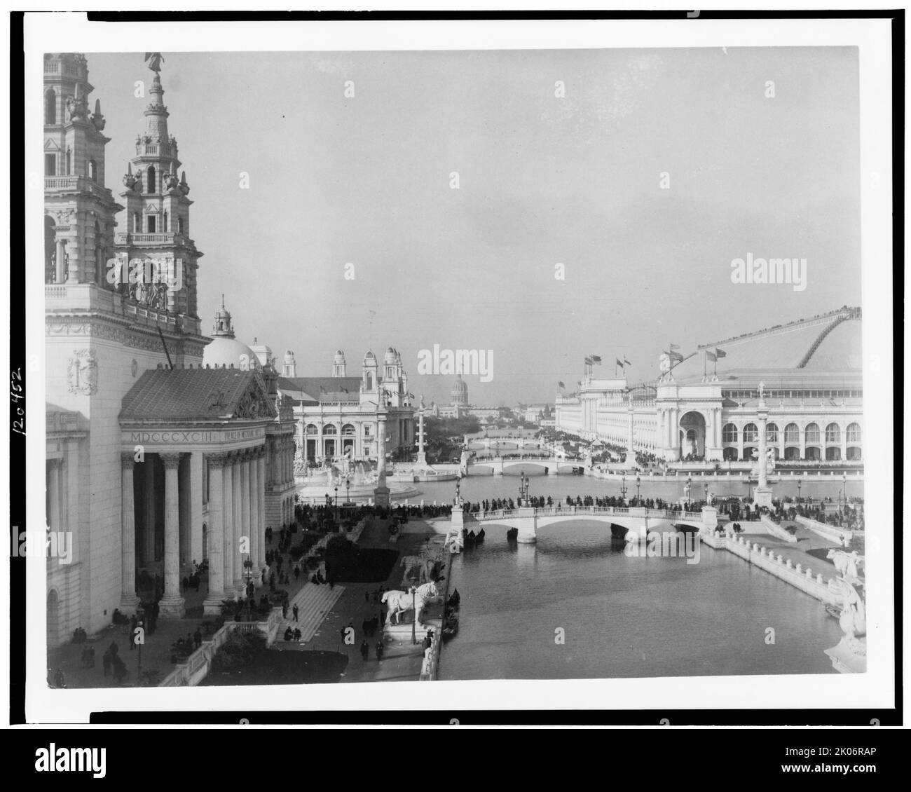 Bird's-eye view of exposition grounds, with canal in foreground, World's Columbian Exposition, Chicago, 1893. (Palace of Mechanic Arts and lagoon). Stock Photo