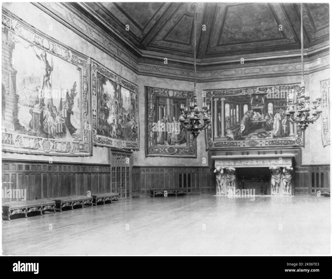 Interior of John R. McLean House, 1500 I St., N.W., Washington, D.C. - view of ballroom showing fireplace and four tapestries, c1907. Stock Photo